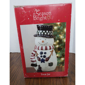 Vintage Make The Season Bright Snowman with Black Top Hat Treat Jar